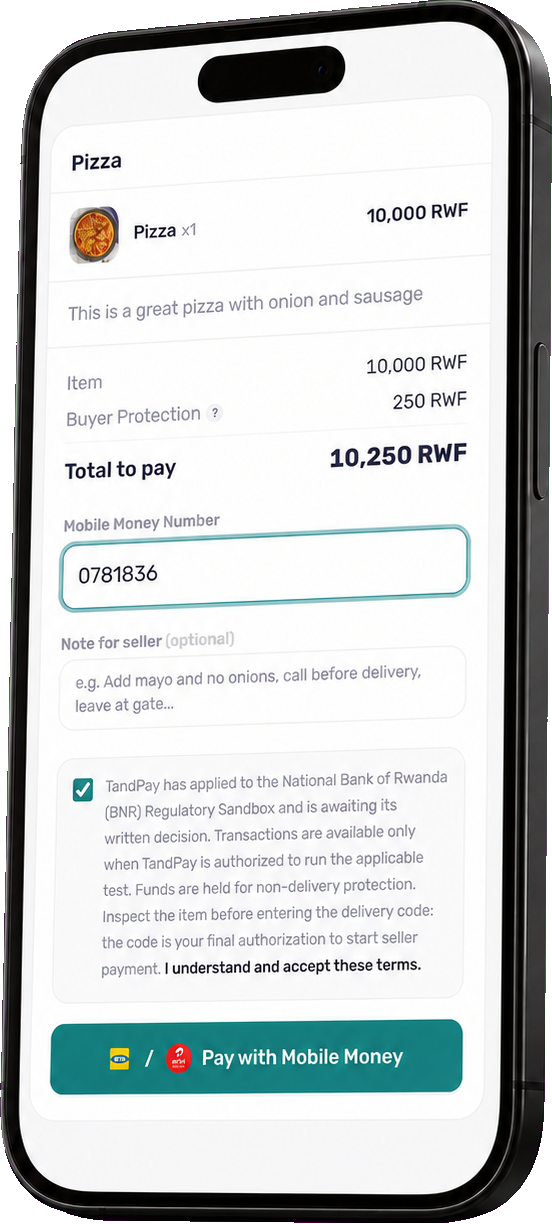 TandPay buyer payment page in an iPhone showing a protected Mobile Money checkout