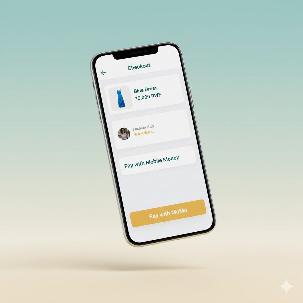 TandPay mobile checkout screen — buyer pays 15,000 RWF for Blue Dress via MTN MoMo escrow payment in Rwanda