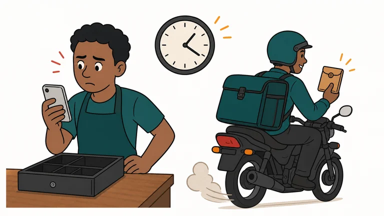 Merchant waits for cash still held by a delivery rider