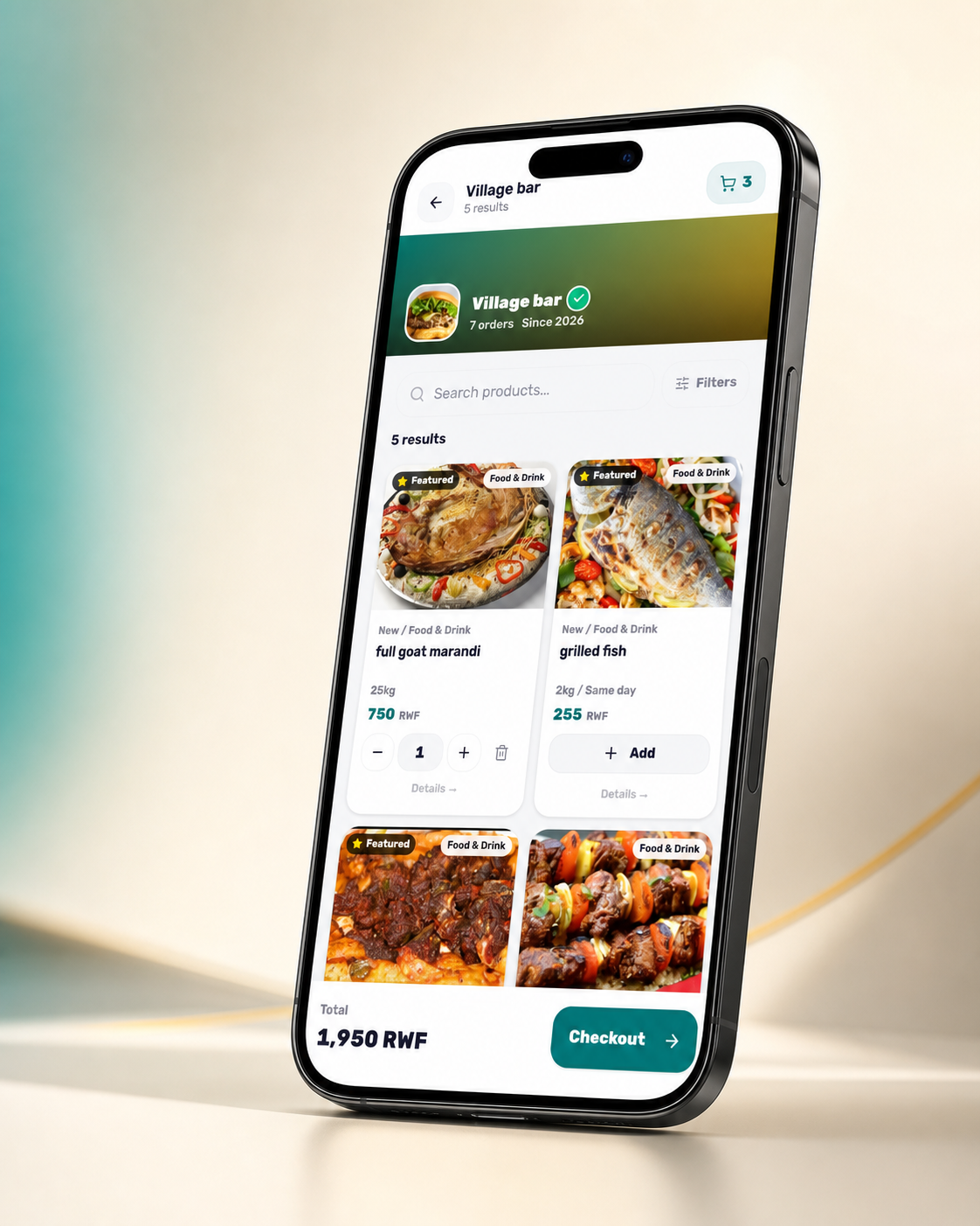 TandPay seller storefront displayed on an angled iPhone